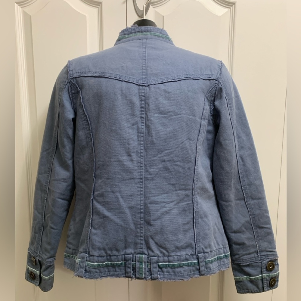 Denim Blue Size Small Lined Nikita Jacket Funnel Collar frayed hem Velour Piping - Picture 14 of 14
